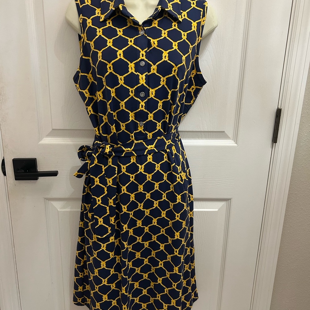 J. McLaughlin Navy Dress with Yellow Chain Print